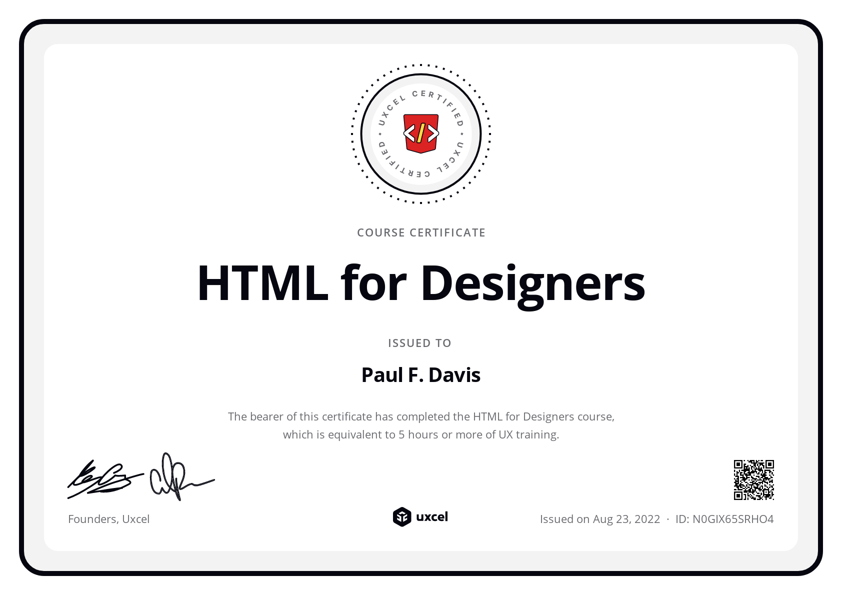 Paul F. Davis's certificate